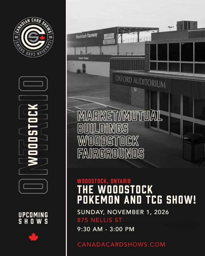 The Woodstock Pokemon and TCG Show! poster: Sunday, November 1, 2026, 9:30 AM – 3:00 PM, Market/Mutual Buildings Woodstock Fairgrounds